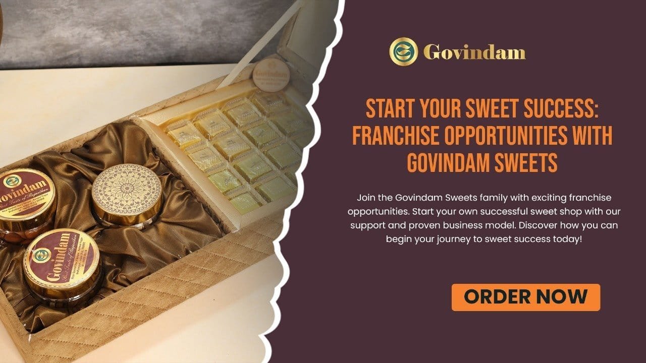 Govindam Sweets franchise shop showcasing a variety of traditional Indian confections