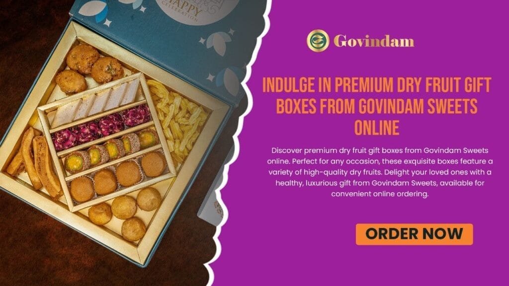 Premium dry fruit gift box from Govindam Sweets featuring assorted nuts and dried fruits Title Tags: Premium Dry Fruit Gift Boxes | Order Online from Govindam Sweets Long Description: Exquisite Dry Fruit Gift Boxes from Govindam Sweets Online Looking for the perfect gift or a healthy snack option? Govindam Sweets brings you an array of premium dry fruit gift boxes, now available for online purchase. Indulge in nature's finest offerings, carefully selected and beautifully packaged for your enjoyment. Why Choose Govindam's Dry Fruit Gift Boxes? Our dry fruit collections stand out for several reasons: Premium Quality: We source only the finest nuts and dried fruits. Freshness Guaranteed: Our products are packaged to maintain optimal freshness. Diverse Selection: From classic favorites to exotic varieties. Elegant Packaging: Perfect for gifting on any occasion. Health Benefits: Nutrient-rich snacks for a balanced lifestyle. Our Dry Fruit Gift Box Selections Explore our range of curated gift boxes: Classic Nut Medley: A mix of almonds, cashews, pistachios, and walnuts. Exotic Dried Fruit Assortment: Featuring figs, apricots, cranberries, and more. Protein-Packed Power Mix: A combination of nuts and protein-rich dried fruits. Festive Luxury Box: Our most elaborate selection for special occasions. Spotlight on Our Premium Dry Fruits Some of our most sought-after items include: Sun-kissed California Almonds Plump Iranian Pistachios Crunchy Cashews from Kerala Antioxidant-rich Turkish Apricots Naturally sweet Medjool Dates Customization Options Create your perfect dry fruit gift box: Choose your preferred mix of nuts and dried fruits Select from various box sizes Add a personalized message card Opt for special dietary selections (e.g., unsalted, organic) Health Benefits of Our Dry Fruits Indulge in snacks that are good for you: Rich in essential nutrients and minerals High in healthy fats and proteins Excellent source of dietary fiber Packed with antioxidants Perfect for Every Occasion Our dry fruit gift boxes are ideal for: Diwali and festive gifting Corporate hampers Wedding favors Health-conscious friends and family How to Order Your Dry Fruit Gift Box Ordering is simple and convenient: Visit our website: Govindam Sweets Online Navigate to the 'Dry Fruits' section Choose your preferred gift box or create a custom selection Add to cart and proceed to checkout Select delivery date and address Complete your secure payment Quality Assurance We ensure the highest standards: Rigorous quality checks on all products Hygienic packaging to maintain freshness No added preservatives or artificial flavors Secure packaging for safe transit Explore our complete Dry Fruits Collection for more delicious options. Check out our special Festive Gift Boxes for upcoming celebrations. Learn about the [health benefits of nuts and dried fruits] to make informed choices. Discover the fascinating [history of dry fruit trade] that brings these delicacies to your table. Ready to indulge in premium dry fruits? Order your gift box from Govindam Sweets online today and experience nature's bounty in every bite! CopyRetryClaude does not have internet access. Links provided may not be accurate or up to date.Claude can make mistakes. Please double-check responses.