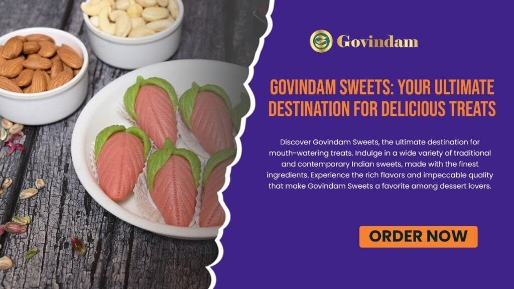 Assorted Indian sweets from Govindam including Gulab Jamun, Jalebi, Kaju Katli, and Rasgulla