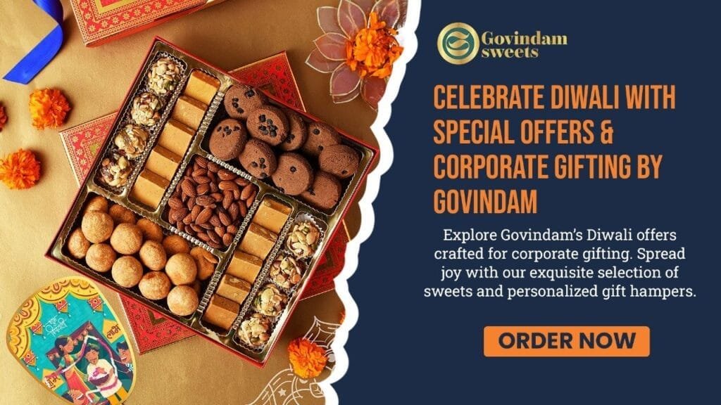 Elegant Diwali corporate gift hamper from Govindam featuring assorted sweets and festive decorations