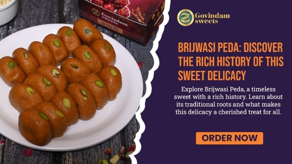 Golden-brown Brijwasi pedas arranged on a decorative plate with Krishna motifs