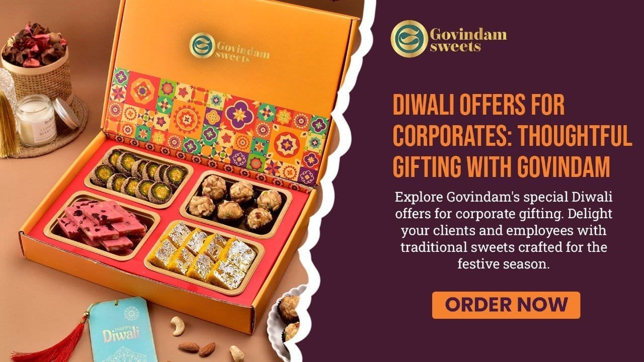 Diwali corporate gifts from Govindam featuring elegant sweet hampers and festive packaging