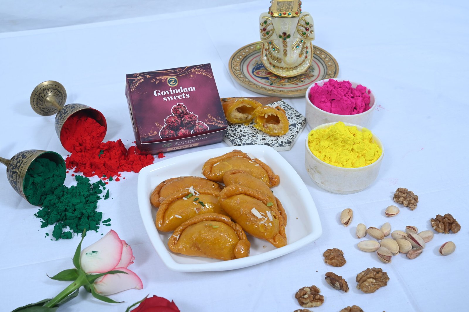 Traditional Gujiya filled with khoya and dry fruits.