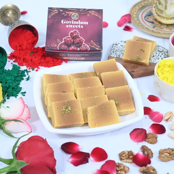 Mysore Pak served with a cup of South Indian filter coffee.