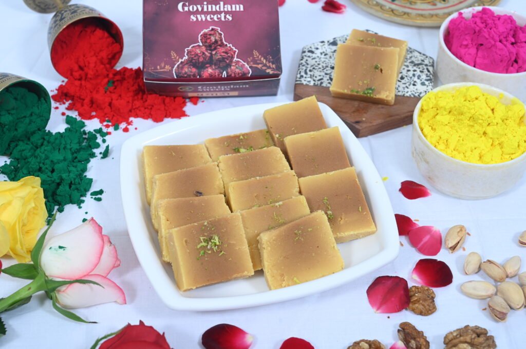 Close-up of Mysore Pak highlighting its crumbly yet soft texture.