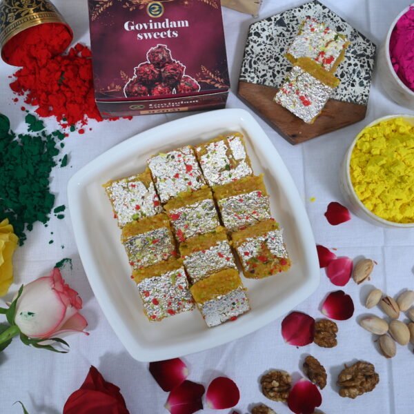 Moti Pak served with dry fruits on a festive tray.