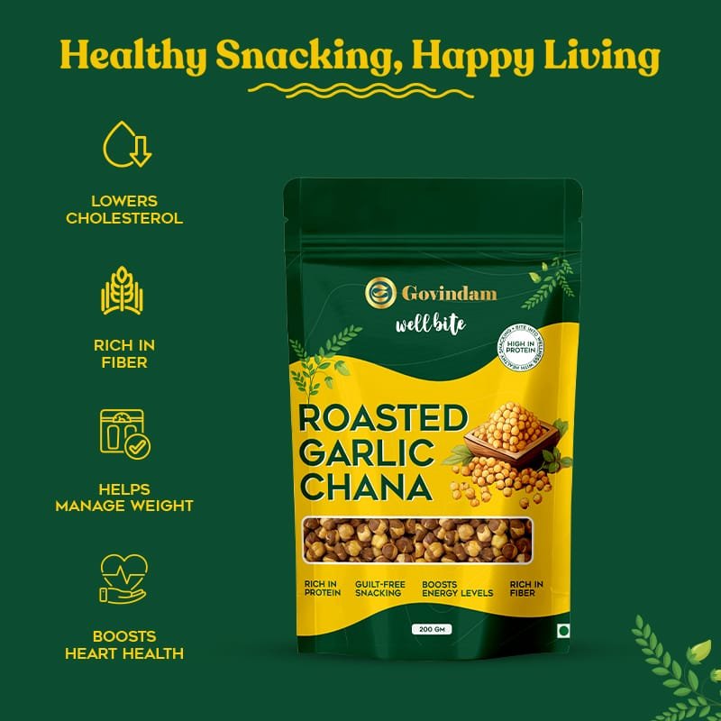 Contemporary packaging design of our Garlic Roasted Channa, featuring clear product visibility and highlighting its savory appeal.