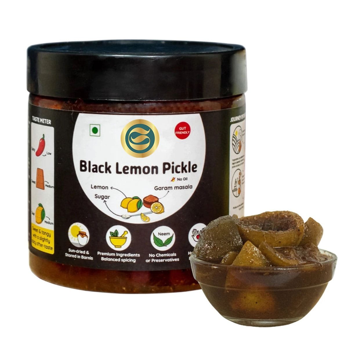 Aged black lemon pickle showing rich dark color and texture