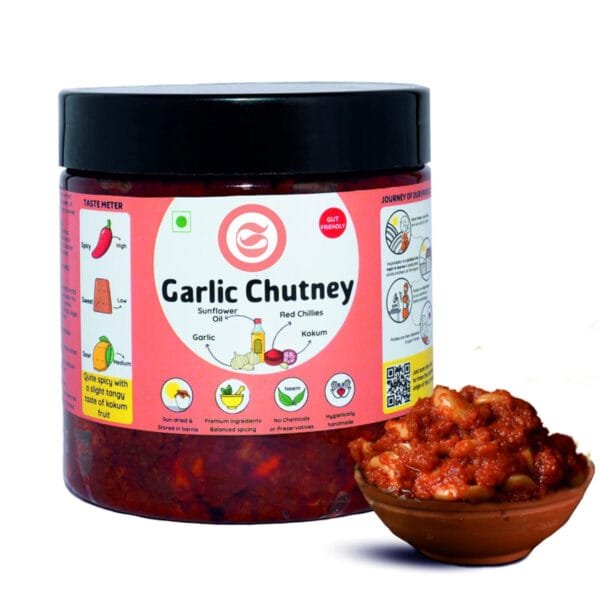 Red garlic chutney showing intense color and texture