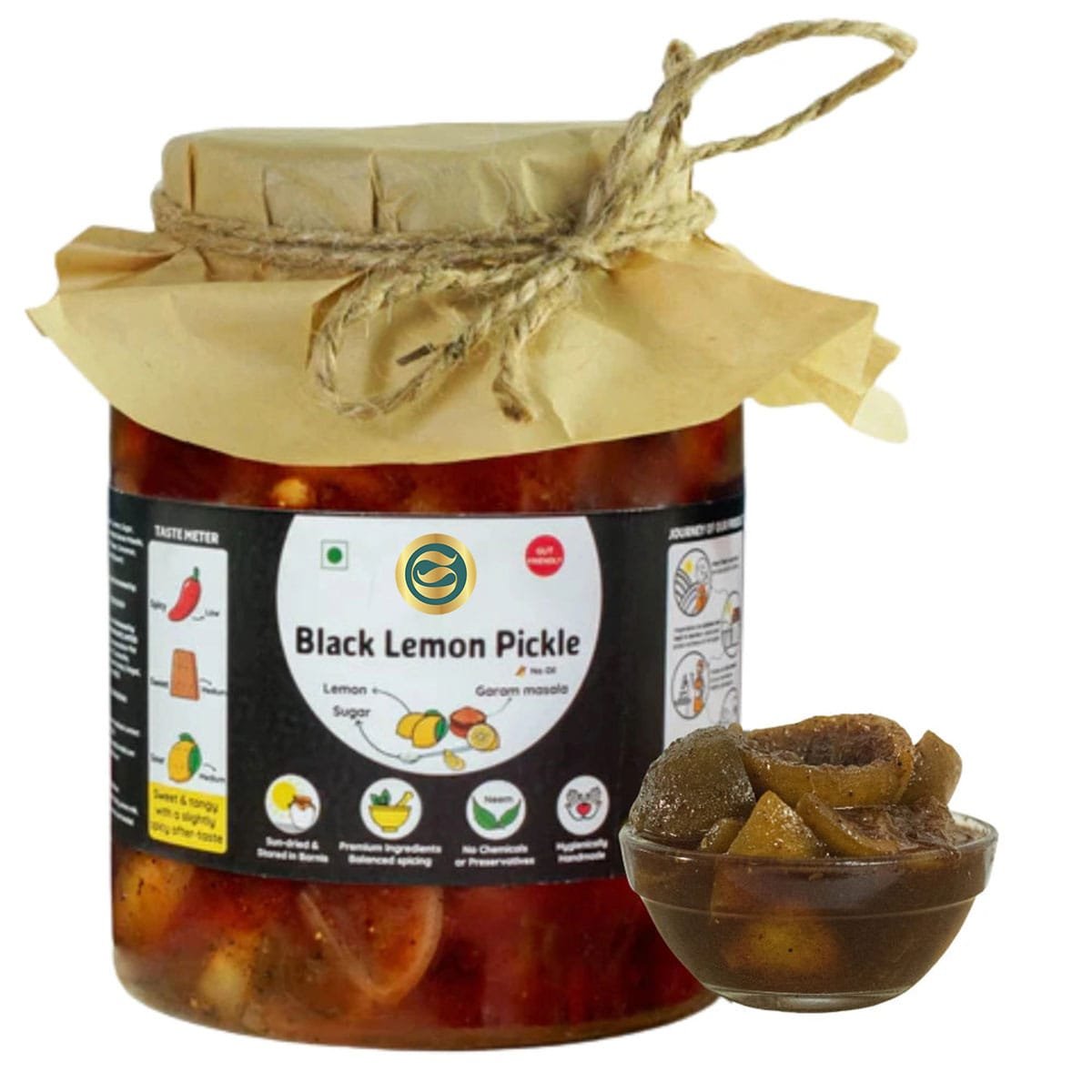 Premium jar of black lemon pickle showing authentic aging