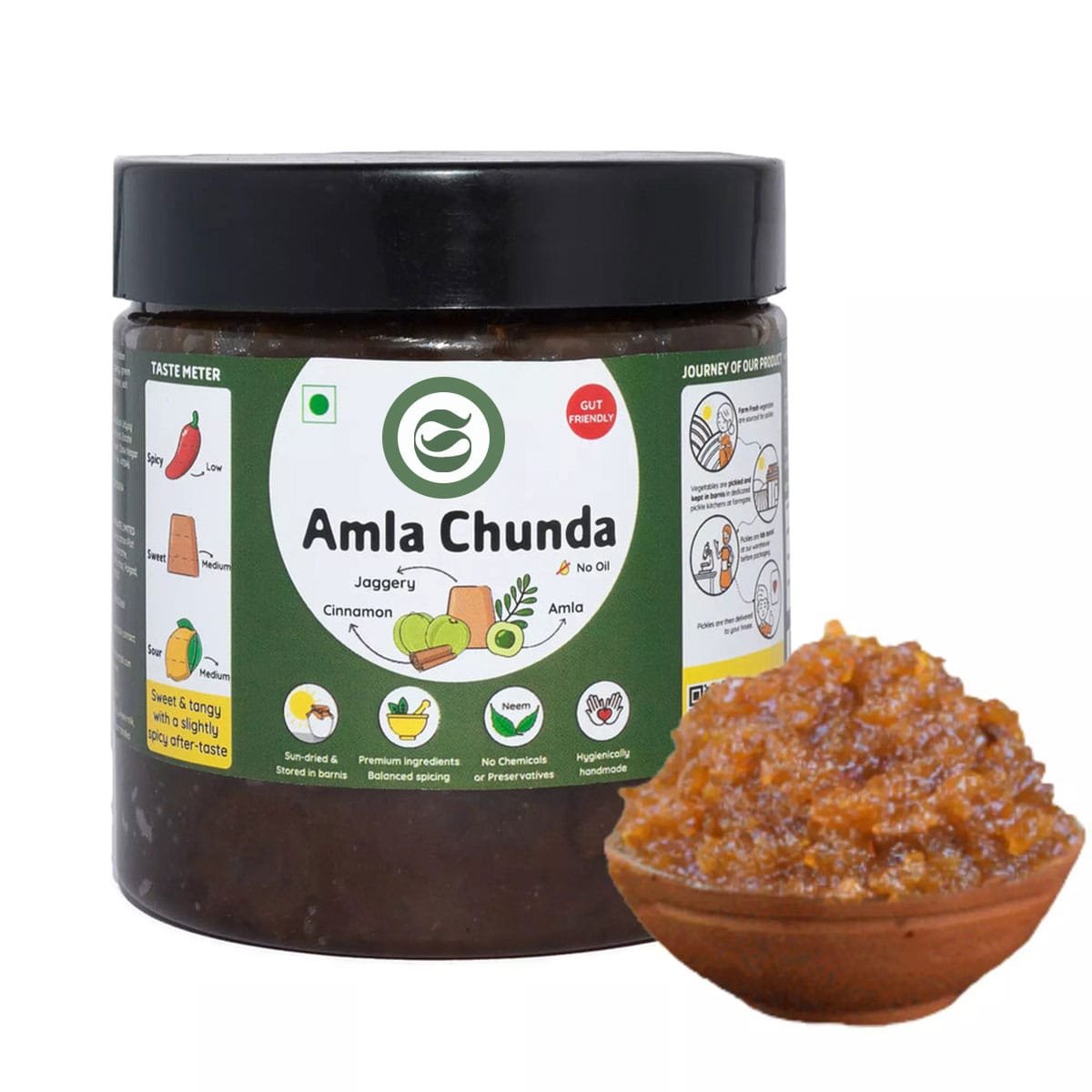 Premium glass jar of amla chunda with traditional design