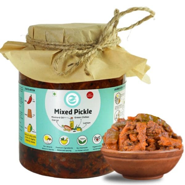 Large family-size jar of mixed pickle showing ingredient variety