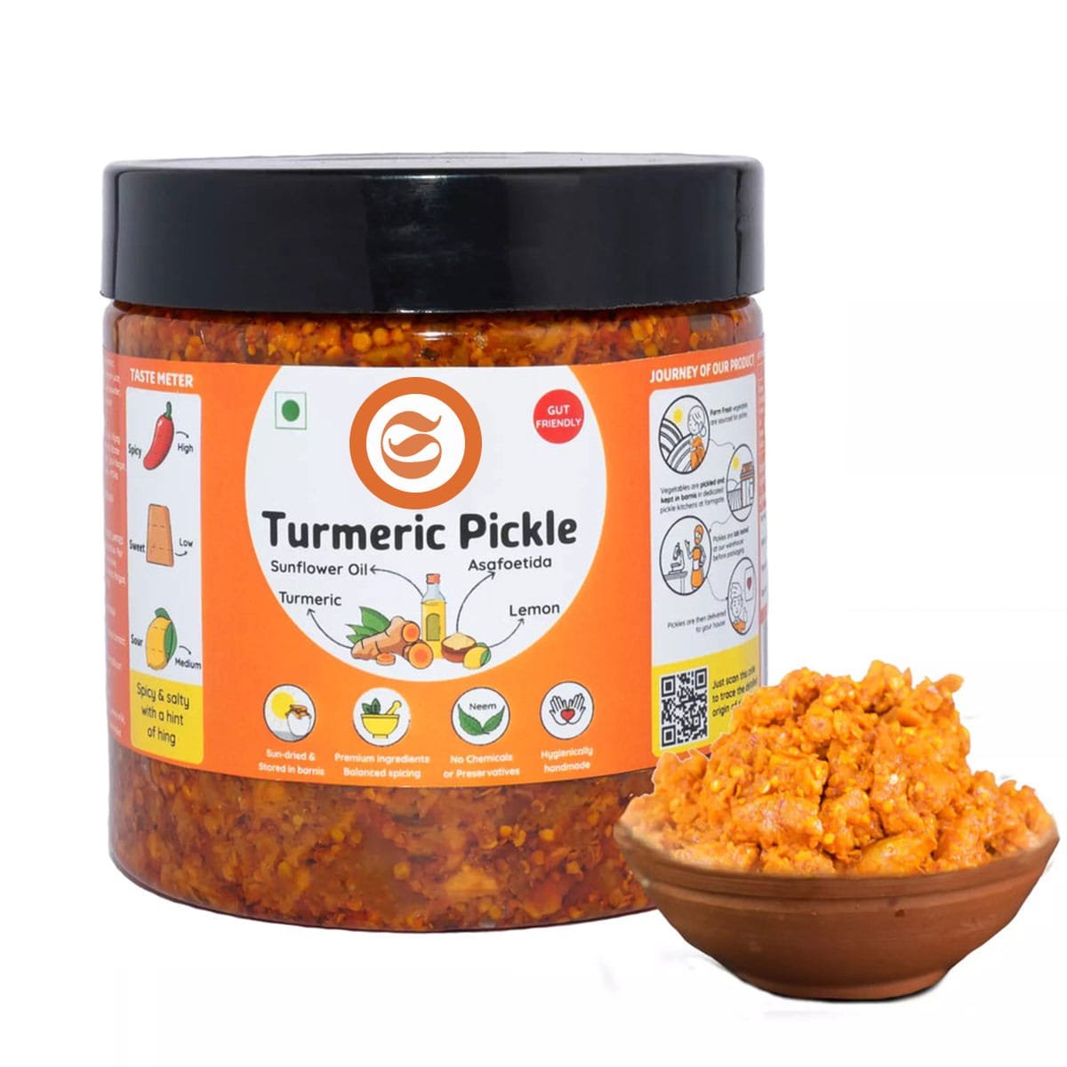 Premium jar of turmeric pickle with health benefit highlights