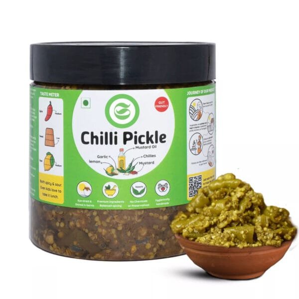 Green chili pickle enhancing Indian thali spread