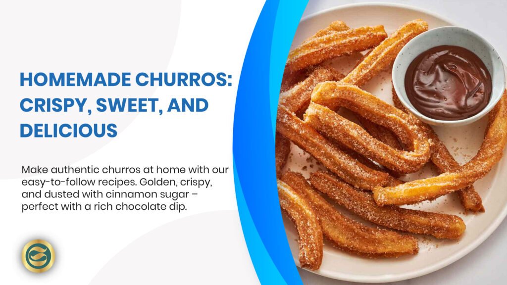 Freshly made golden churros with cinnamon sugar coating arranged in basket beside copper pot of rich chocolate dipping sauce on wooden table